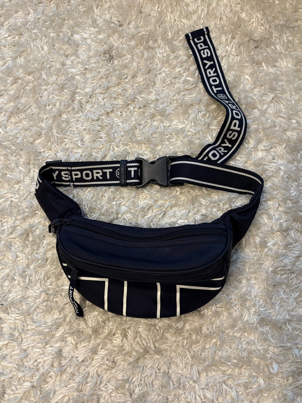 Tory Sport Navy Blue Sporty Mini Waist Bag Thick White Stripe Detail Fanny Pack